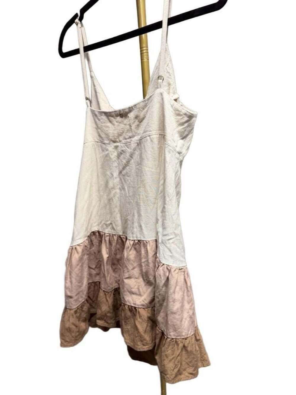 246 Rusty Linen Blend Colorblocked Ruffle Hem Tie Front Mini Dress Size L